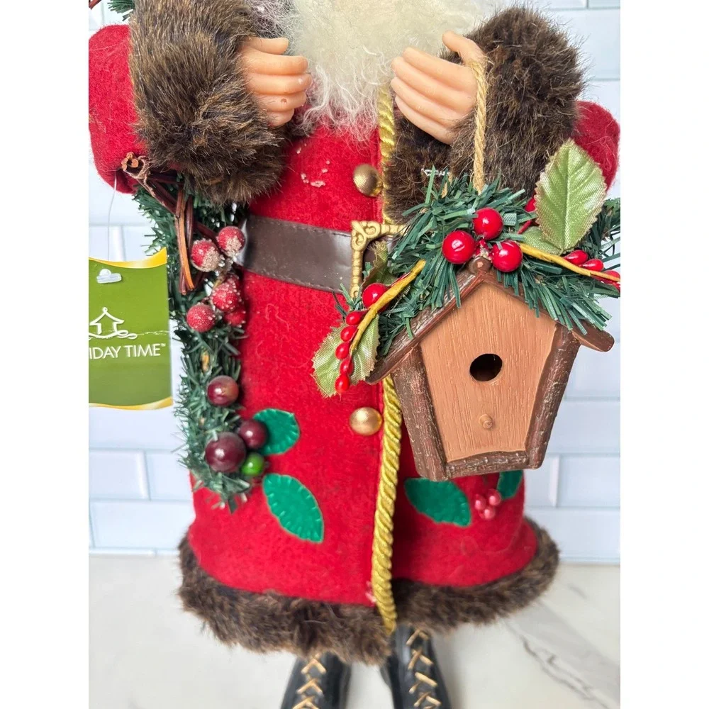Holiday Time 18 Inch Animal Print Santa Figurine Red Coat Birdhouse Christmas